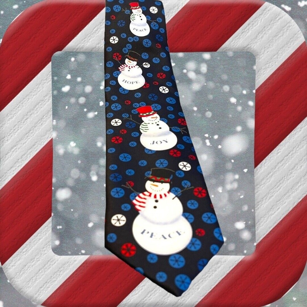 *RARE* SNOWMAN Peace & Joy YULE TIE Greetings HALLMARK MMG BLUE White Red /Black